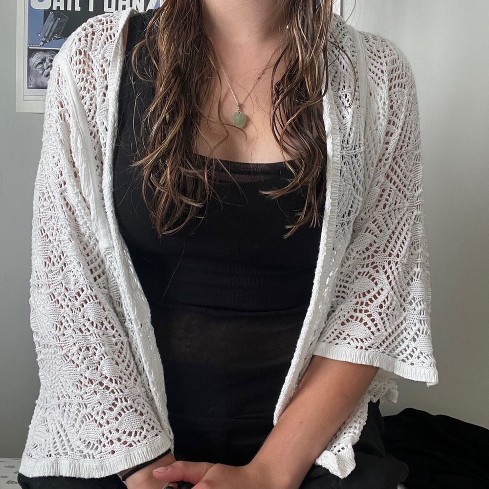white loose knit cardigan